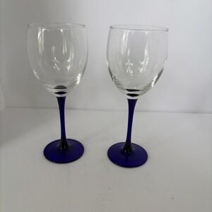 Vintage LUMINARC Wine Glass BLUE Stem Base  8" Lot of 2
